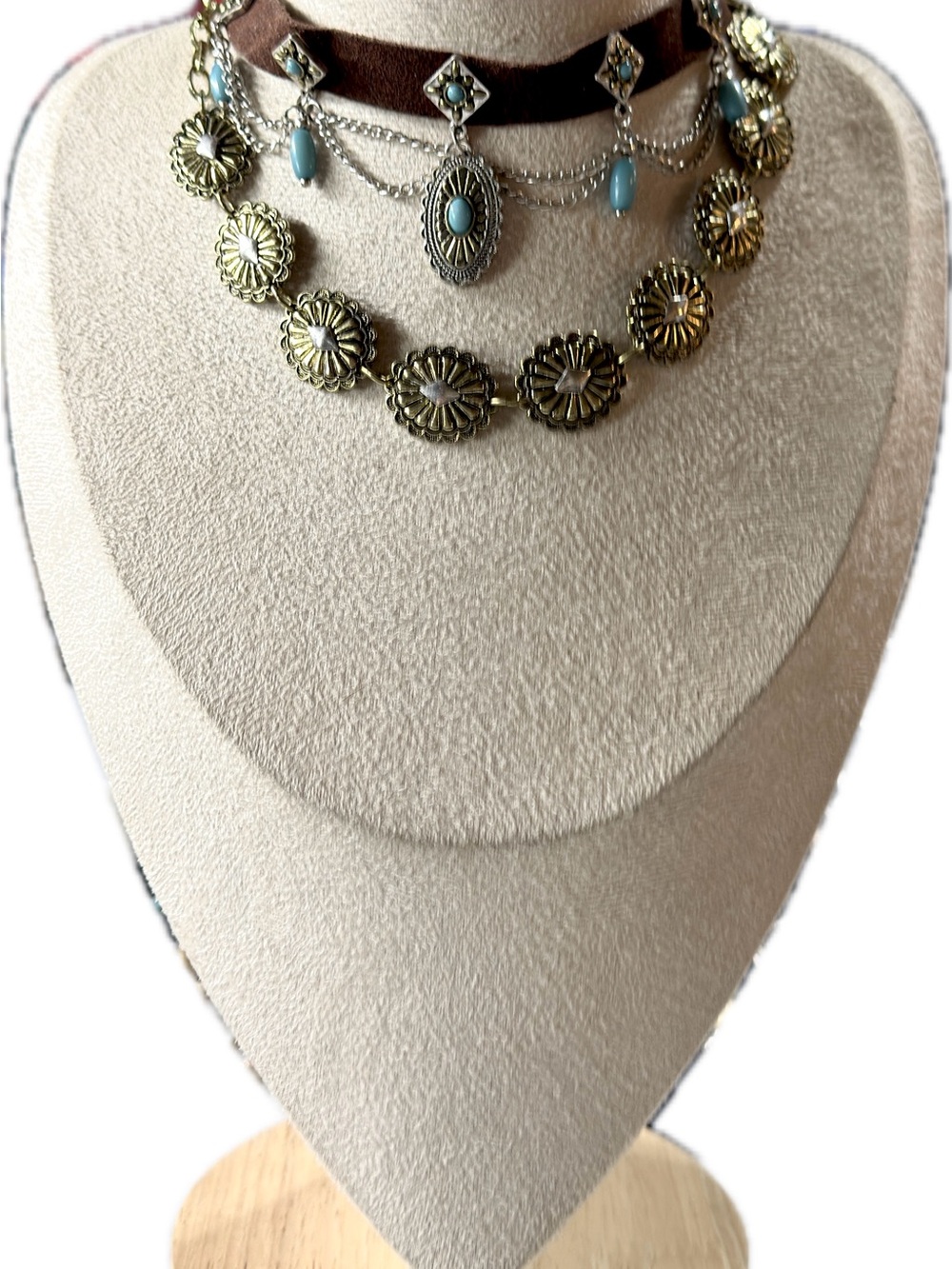 Boho Gold Concho Necklace with Turquoise Accents - Picture 3 of 4